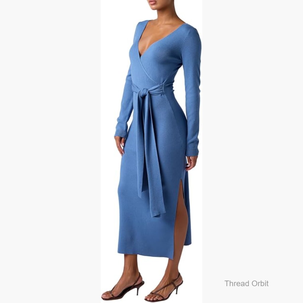 Long Sleeve Midi Sweater Dress Bodycon Surplice Neckline Waist Tie